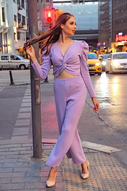 Lila Bluz Pantolon Alt Üst Triko Takım