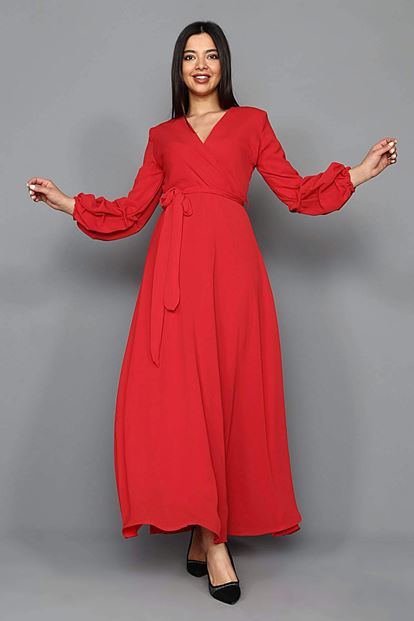 Kırmızı Kolları Büzgülü Uzun Şifon Elbise