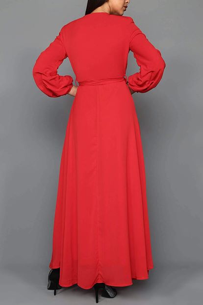 Red Handles Shirred Long Chiffon Dress