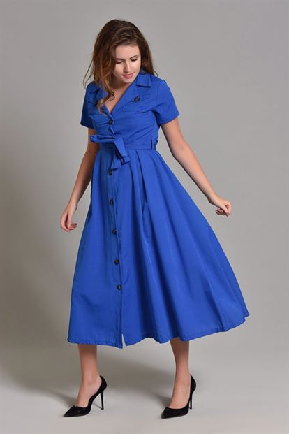 Saks Midi Boy Kısa Kollu Gömlek Elbise
