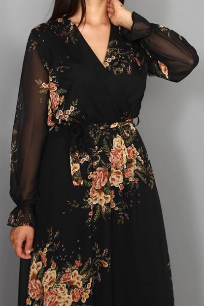 Black flowering chiffon long dress large body