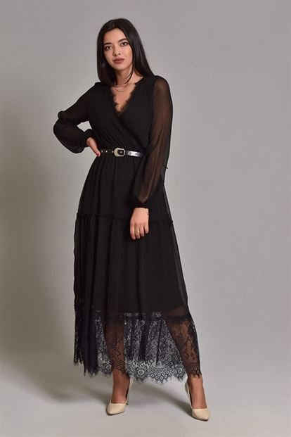 Siyah Etek Ucu Tül Kemerli Şifon Elbise Büyük Beden