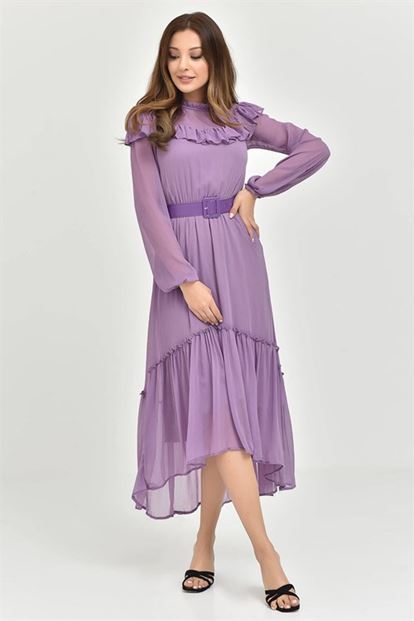 Lila Kemerli Şifon Elbise