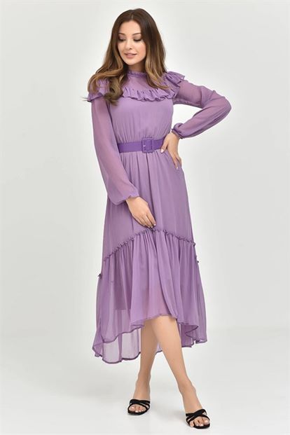 Lila Kemerli Şifon Elbise