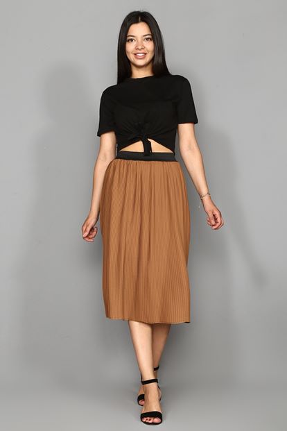 Brown Rubber Waist Pleated Skirt