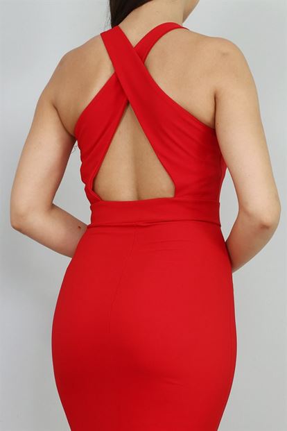 FM Kırmızı Sırtı Dekolte Balık Abiye Elbise
