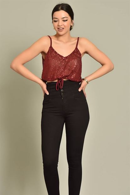 Bordo İp Askılı Pul Payet Bluz