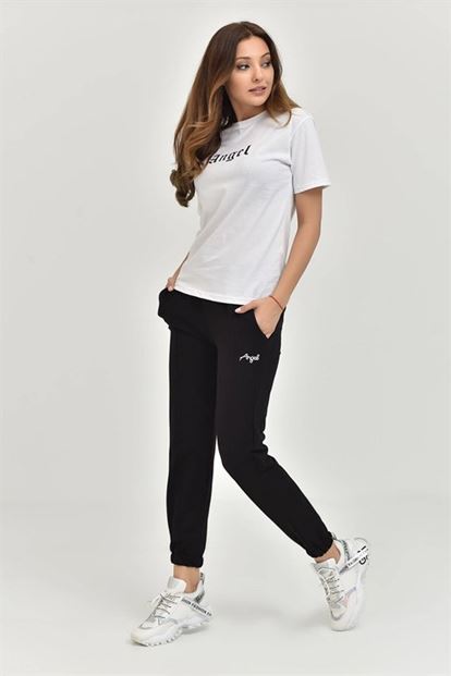 Siyah Angel Baskılı Örme Eşofman Takımı