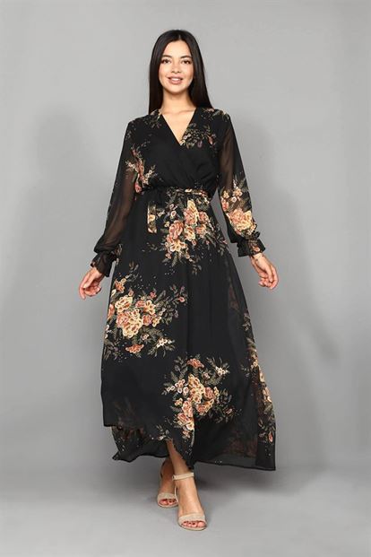 Black flowering chiffon long dress large body