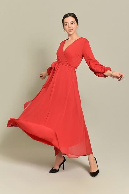 Red Handles Shirred Long Chiffon Dress