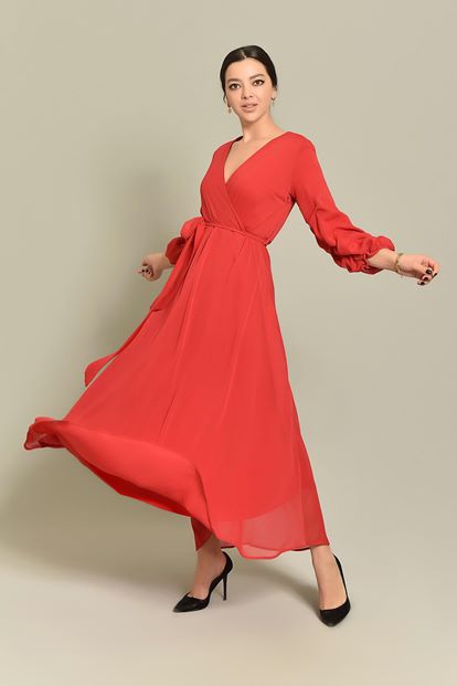 Red Handles Shirred Long Chiffon Dress