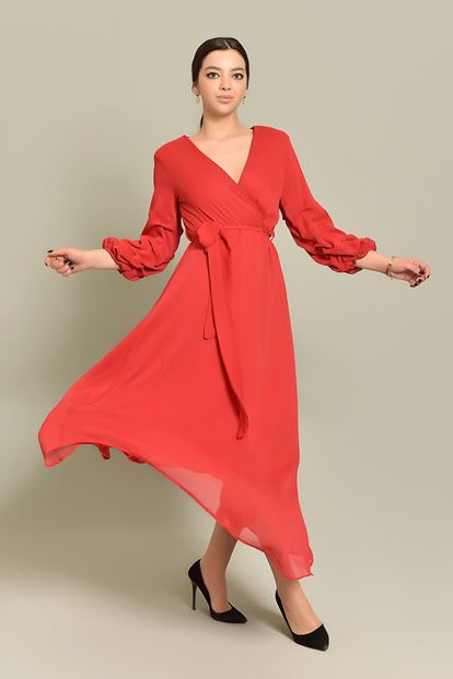 Red Handles Shirred Long Chiffon Dress