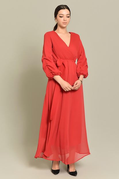 Red Handles Shirred Long Chiffon Dress