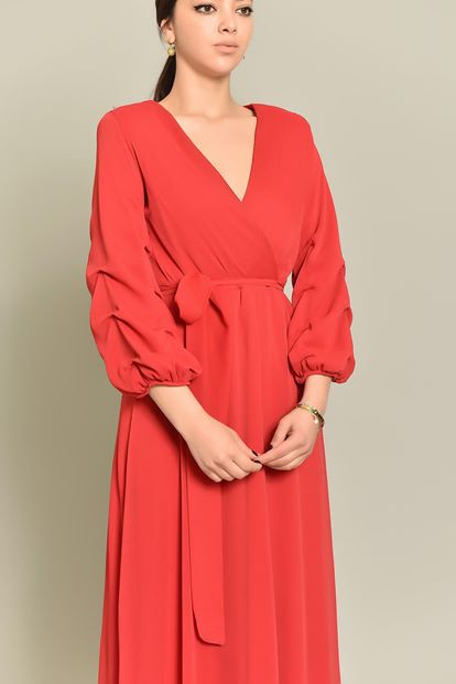 Red Handles Shirred Long Chiffon Dress