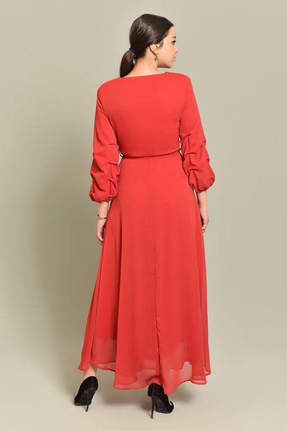 Red Handles Shirred Long Chiffon Dress