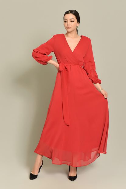 Red Handles Shirred Long Chiffon Dress