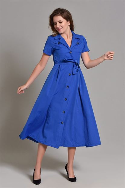 Saks Midi Boy Kısa Kollu Gömlek Elbise