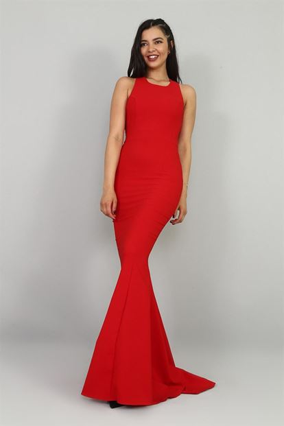 FM Kırmızı Sırtı Dekolte Balık Abiye Elbise