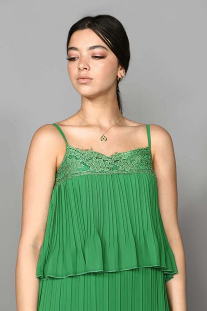 Yeşil İp Askılı Şifon Elbise