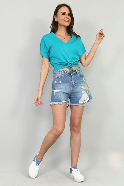 Mavi Yırtık Detayli Denim Şort