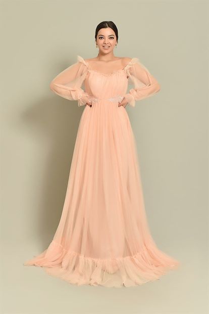 Pudra Kollari Tül Abiye Elbise