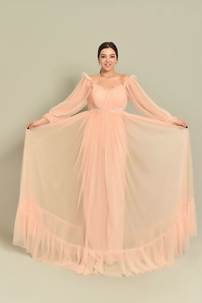 Pudra Kollari Tül Abiye Elbise