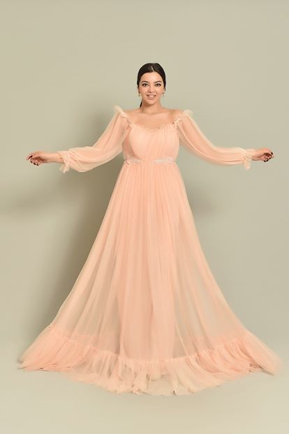 Pudra Kollari Tül Abiye Elbise