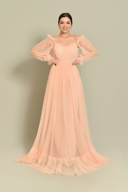 Pudra Kollari Tül Abiye Elbise