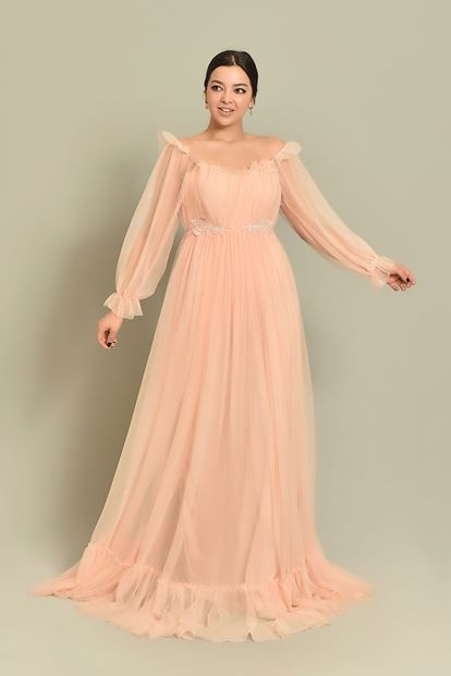 Pudra Kollari Tül Abiye Elbise