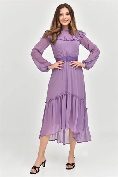 Lila Kemerli Şifon Elbise