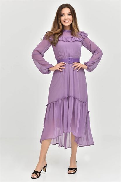 Lila Kemerli Şifon Elbise