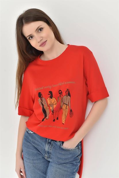 Lateral Slit Red Print T-Shirts