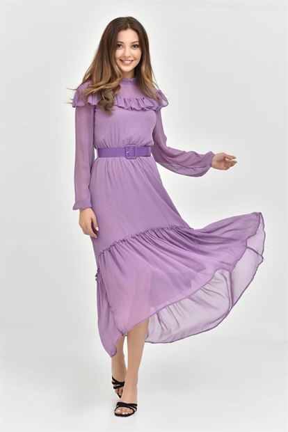 Lila Kemerli Şifon Elbise