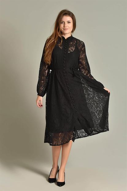 Siyah Midi Boy  Güpür Elbise