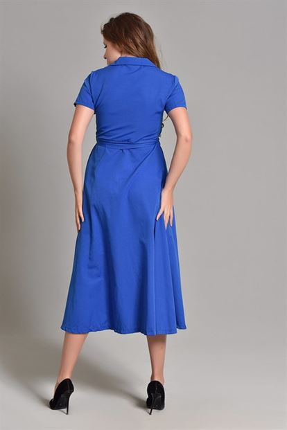 Saks Midi Boy Kısa Kollu Gömlek Elbise