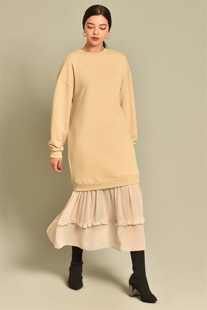 Bej Eteği Şifon Fırfırlı Sweat Elbise