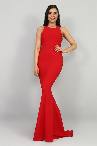 FM Kırmızı Sırtı Dekolte Balık Abiye Elbise