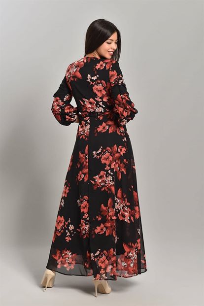 Siyah Çiçekli Uzun Şifon Elbise Büyük Beden