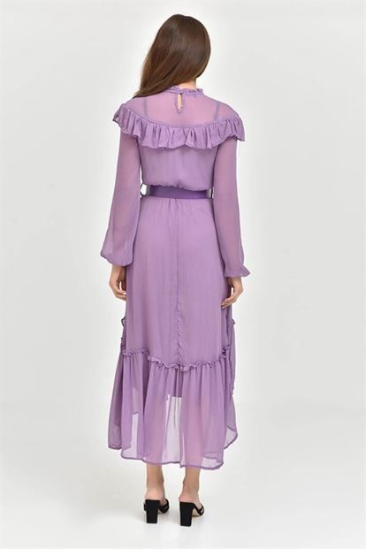 Lila Kemerli Şifon Elbise