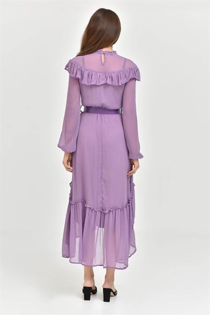 Lila Kemerli Şifon Elbise