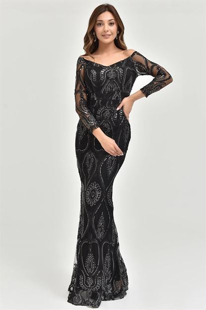 Black Gold Pula Boat Neck Sequin Embroidered Evening Elbistan
