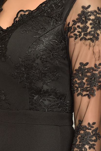 Siyah Kollari Güpür Uzun Abiye Elbise