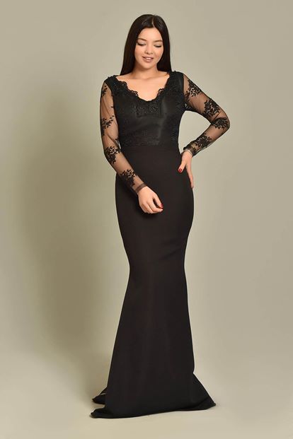 Siyah Kollari Güpür Uzun Abiye Elbise