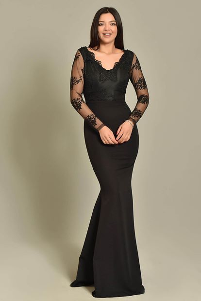 Siyah Kollari Güpür Uzun Abiye Elbise