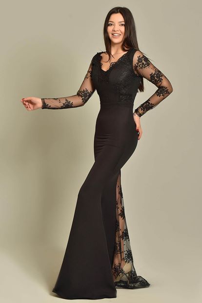 Siyah Kollari Güpür Uzun Abiye Elbise