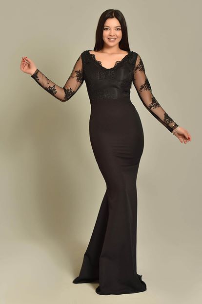 Siyah Kollari Güpür Uzun Abiye Elbise