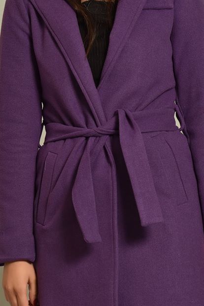 Mor Tek Düğmeli Kuşaklı Kaşe Kaban
