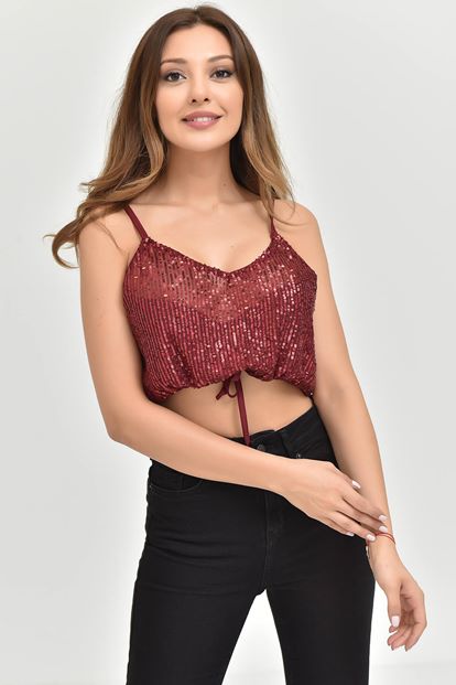 Bordo İp Askılı Pul Payet Bluz