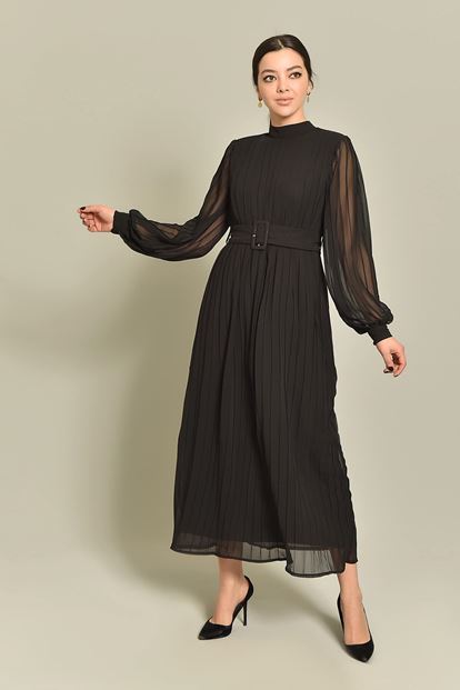 Siyah Piliseli Uzun Şifon Elbise