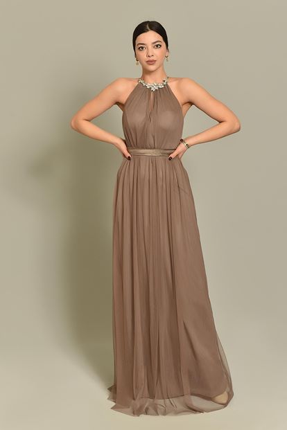 Beige stone processing tulle evening dress